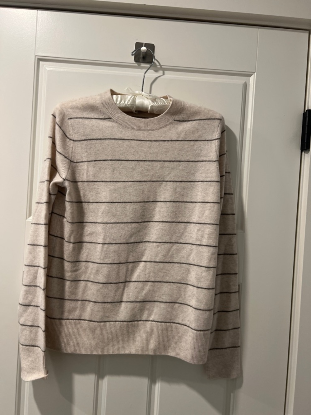 Vince Cream Crewneck Sweater with Thin Gray Stripes